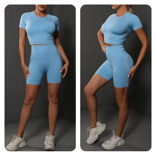 New Seamless Peach Hip Solid Color High Stretch Yoga Short Sleeved Shorts Set for Running, Sports and Fitness Two-piece Set